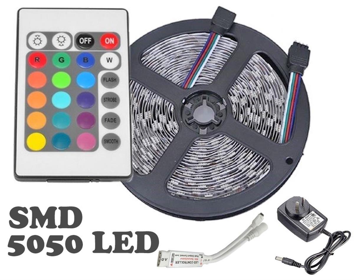 5M SMD 5050 RGB LED Strip with 10A Power Supply - New